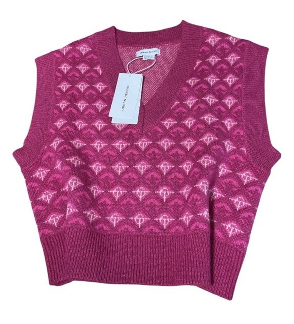 Urban Revivo Cropped Sweater Vest Barbie Pink Metallic Knit Academia XS US 2